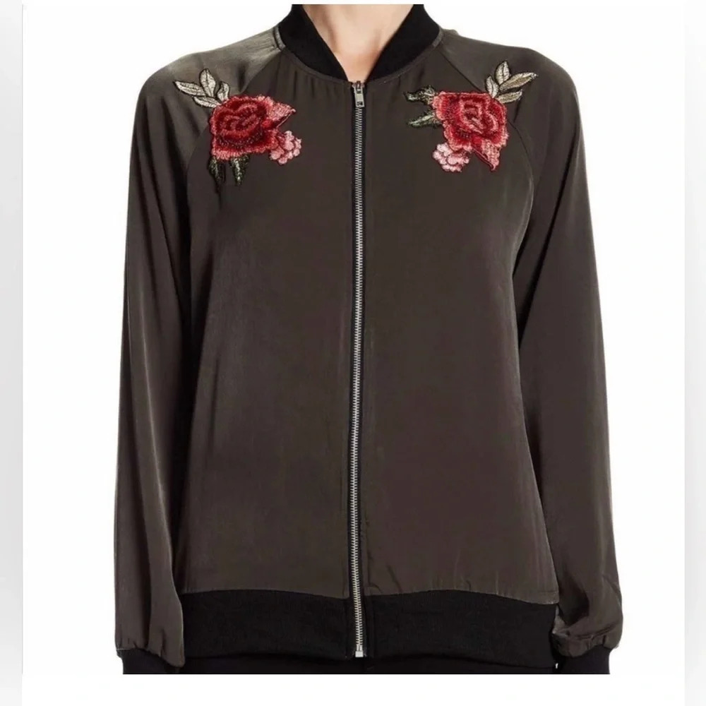 WEST KIE silky soft bomber jacket olive green zip up embroidered roses size L